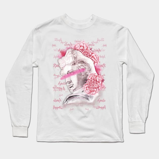 Apollo head statue with a pink peony flowers and buds on a black background. Long Sleeve T-Shirt by Olena Tyshchenko